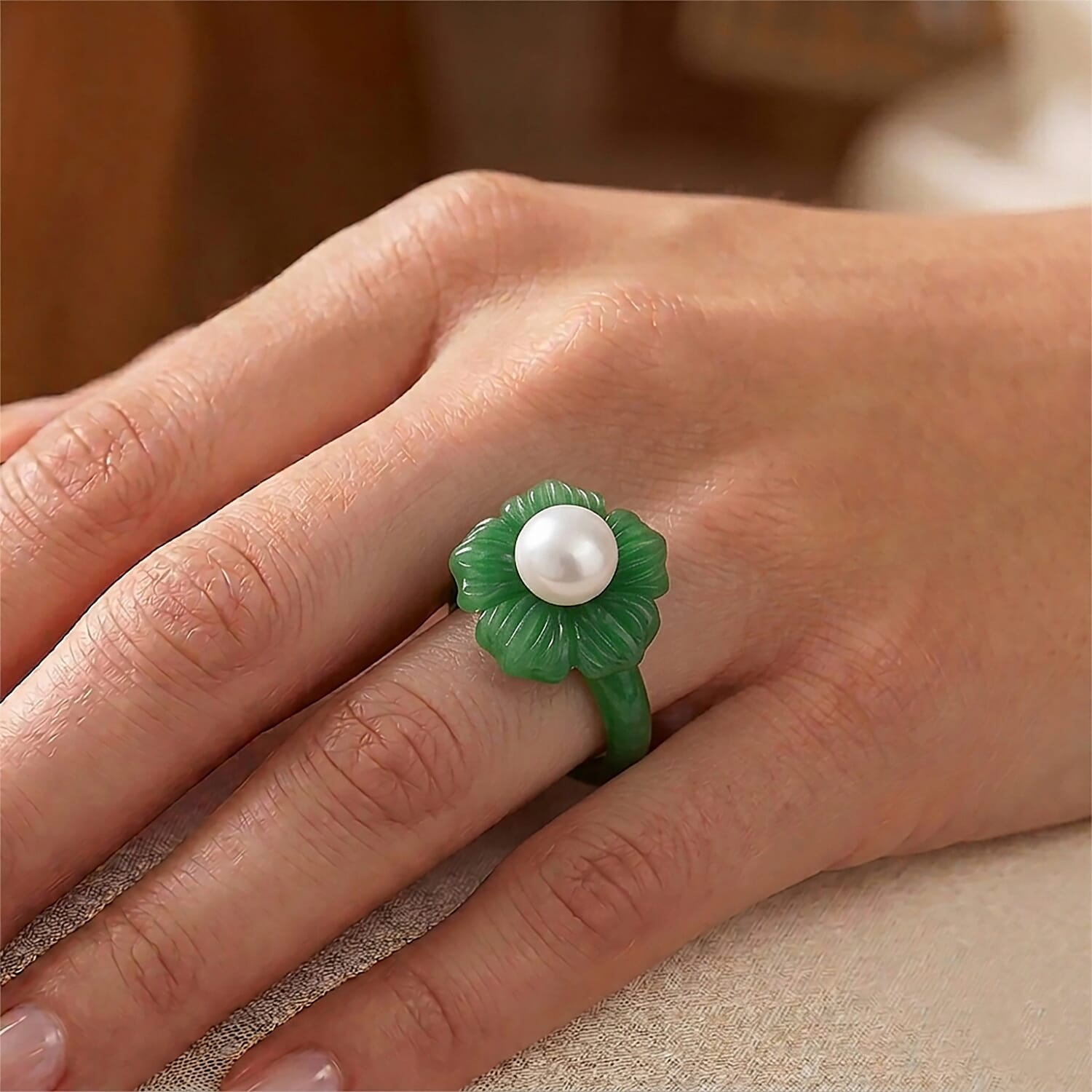 D'Joy - White Edison Pearl (10-11mm) & Dyed Green Jade Blooming Flower Ring in Rhodium Overlay Sterling Silver 39.90 Ct.