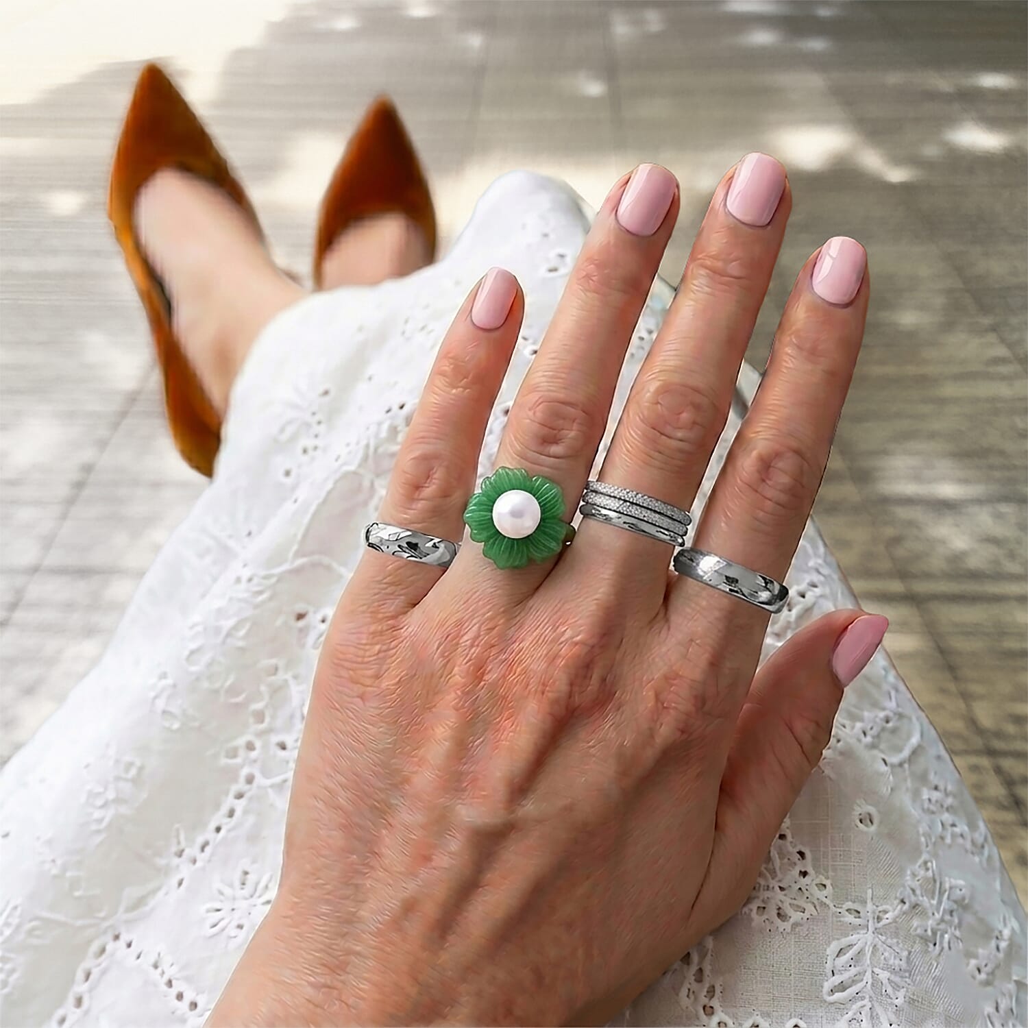 D'Joy - White Edison Pearl (10-11mm) & Dyed Green Jade Blooming Flower Ring in Rhodium Overlay Sterling Silver 39.90 Ct.