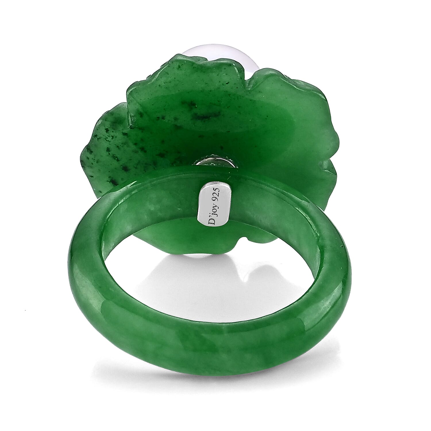 D'Joy - White Edison Pearl (10-11mm) & Dyed Green Jade Blooming Flower Ring in Rhodium Overlay Sterling Silver 39.90 Ct.