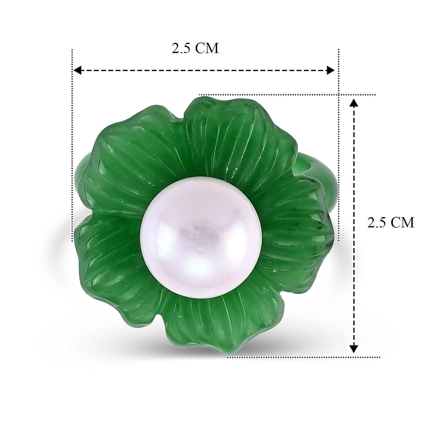 D'Joy - White Edison Pearl (10-11mm) & Dyed Green Jade Blooming Flower Ring in Rhodium Overlay Sterling Silver 39.90 Ct.