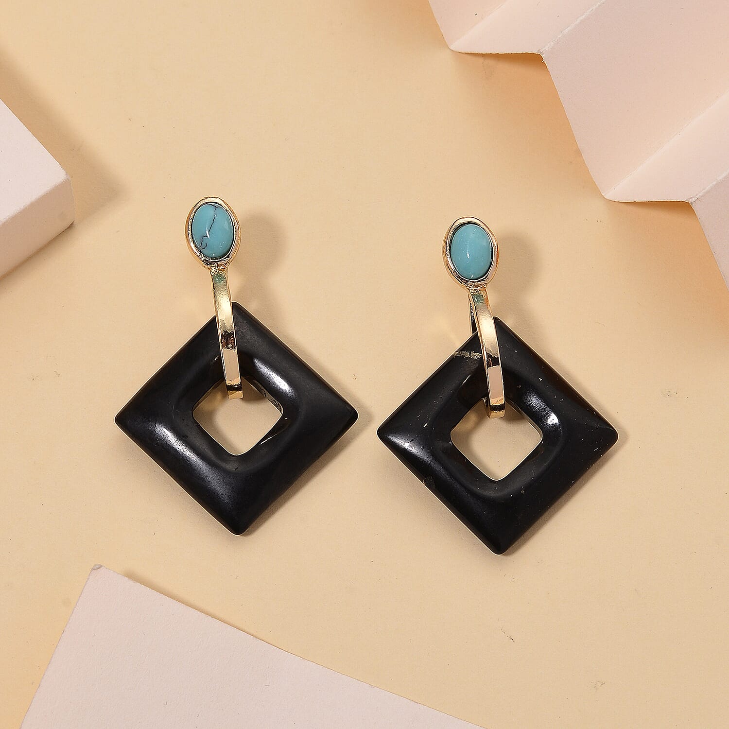 Shungite & Blue Howlite Geometric Drop Earring in Yellow Gold Tone 53.00 Ct.