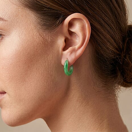 D'Joy - Enhanced Green Jade Hoop Earring with Push Back in Rhodium Overlay Sterling Silver 20.00 Ct.