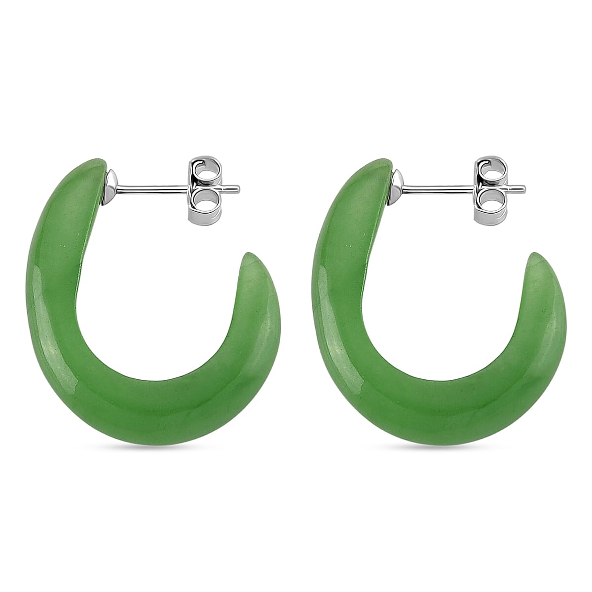 D'Joy - Enhanced Green Jade Hoop Earring with Push Back in Rhodium Overlay Sterling Silver 20.00 Ct.