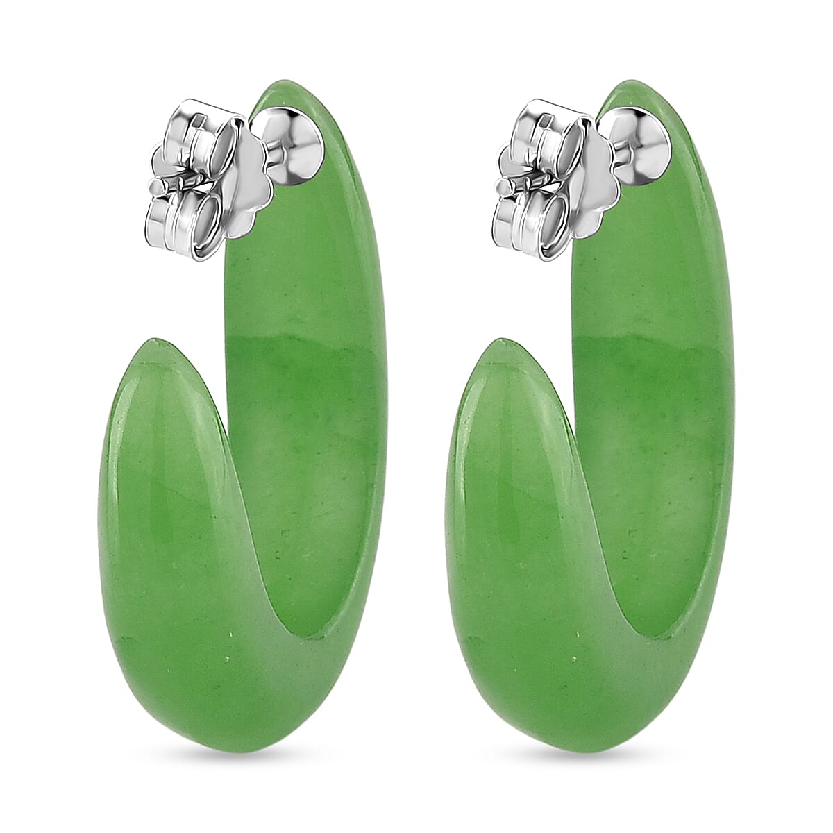 D'Joy - Enhanced Green Jade Hoop Earring with Push Back in Rhodium Overlay Sterling Silver 20.00 Ct.