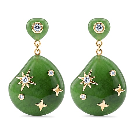 D'Joy - Enhanced Green Jade & White Cubic Zirconia Earring with Push Back in Rhodium Overlay Sterling Silver 21.00 Ct.