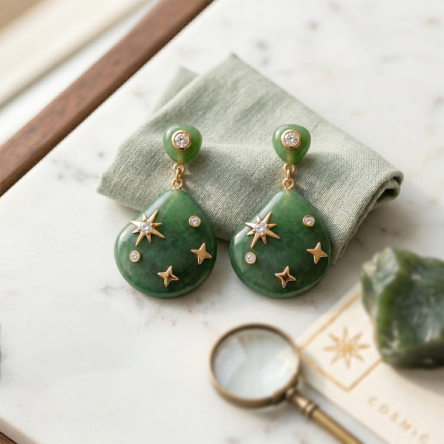 D'Joy - Enhanced Green Jade & White Cubic Zirconia Earring with Push Back in Rhodium Overlay Sterling Silver 21.00 Ct.
