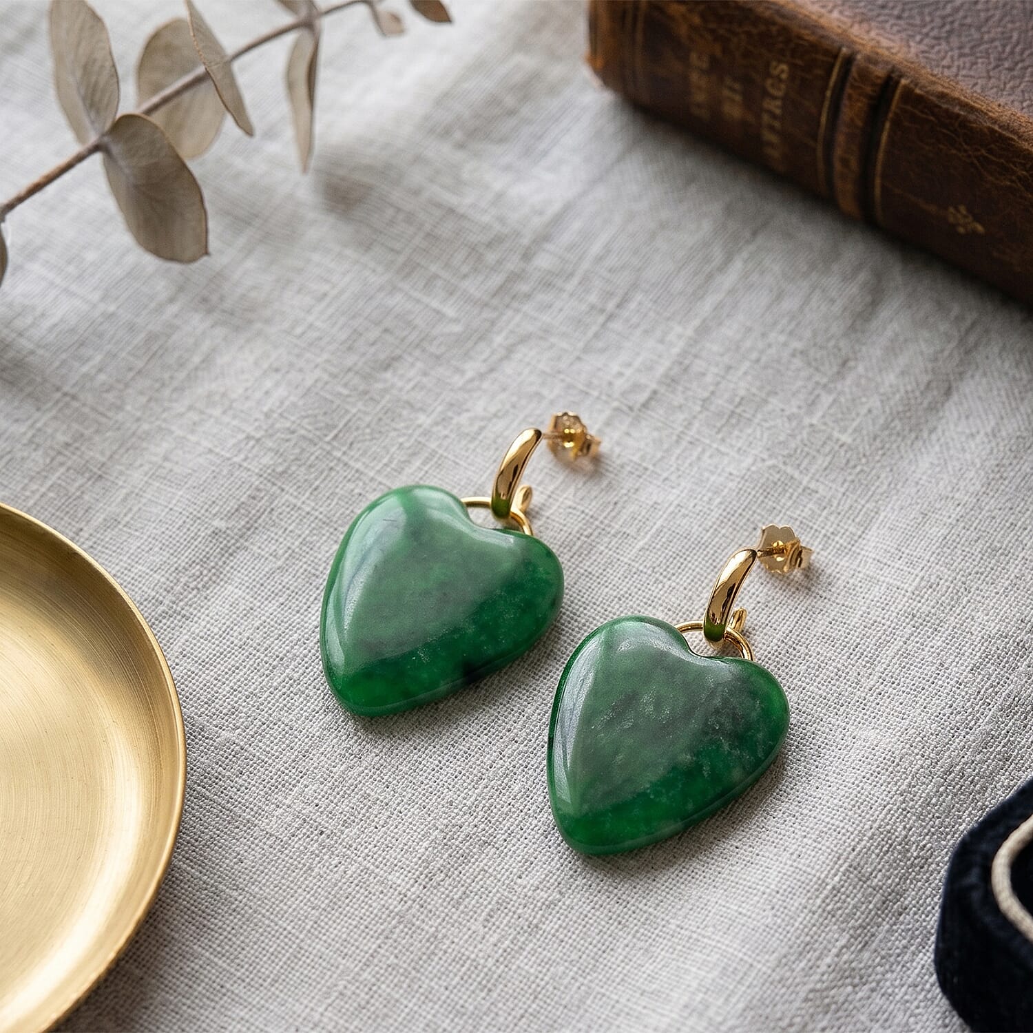 D'Joy - Enhanced Green Jade Heart Earring with Push Back in Yellow Gold Plated Sterling Silver 20.00 Ct.