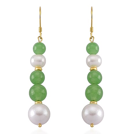 D'Joy - Green Jade & Fresh Water Pearl Beads Drop Earring with Hook in Yellow Gold Plated Sterling Silver 35.00 Ct.