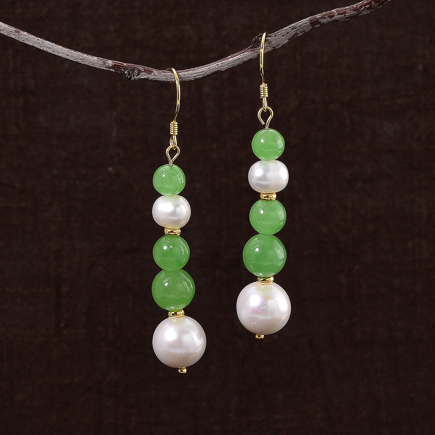 D'Joy - Green Jade & Fresh Water Pearl Beads Drop Earring with Hook in Yellow Gold Plated Sterling Silver 35.00 Ct.