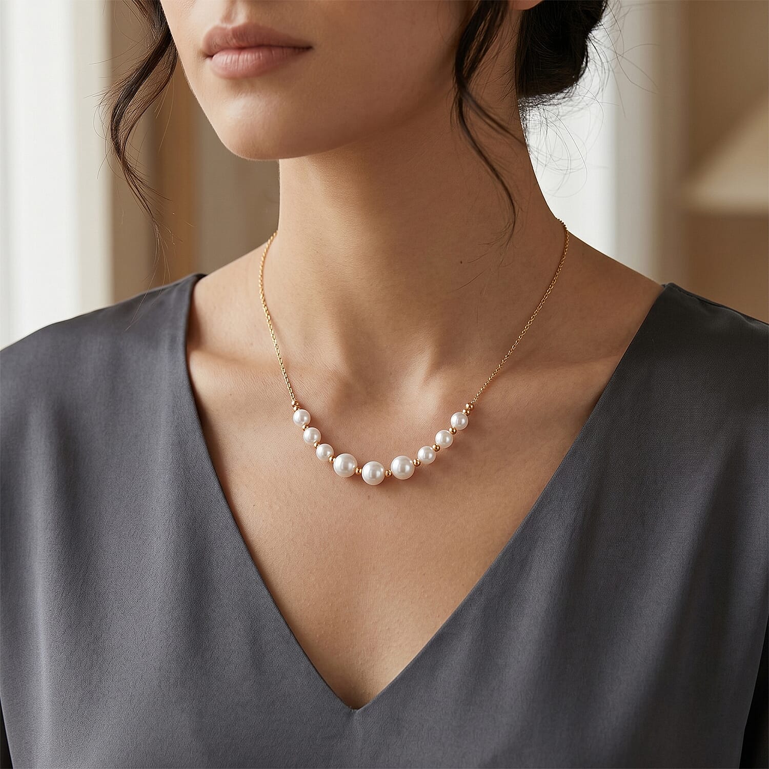 D'Joy - Chinese Akoya Pearl Adjustable Beads Necklace (Size - 18-2 Ext) in Yellow Gold Plated Sterling Silver 10.00 Ct.