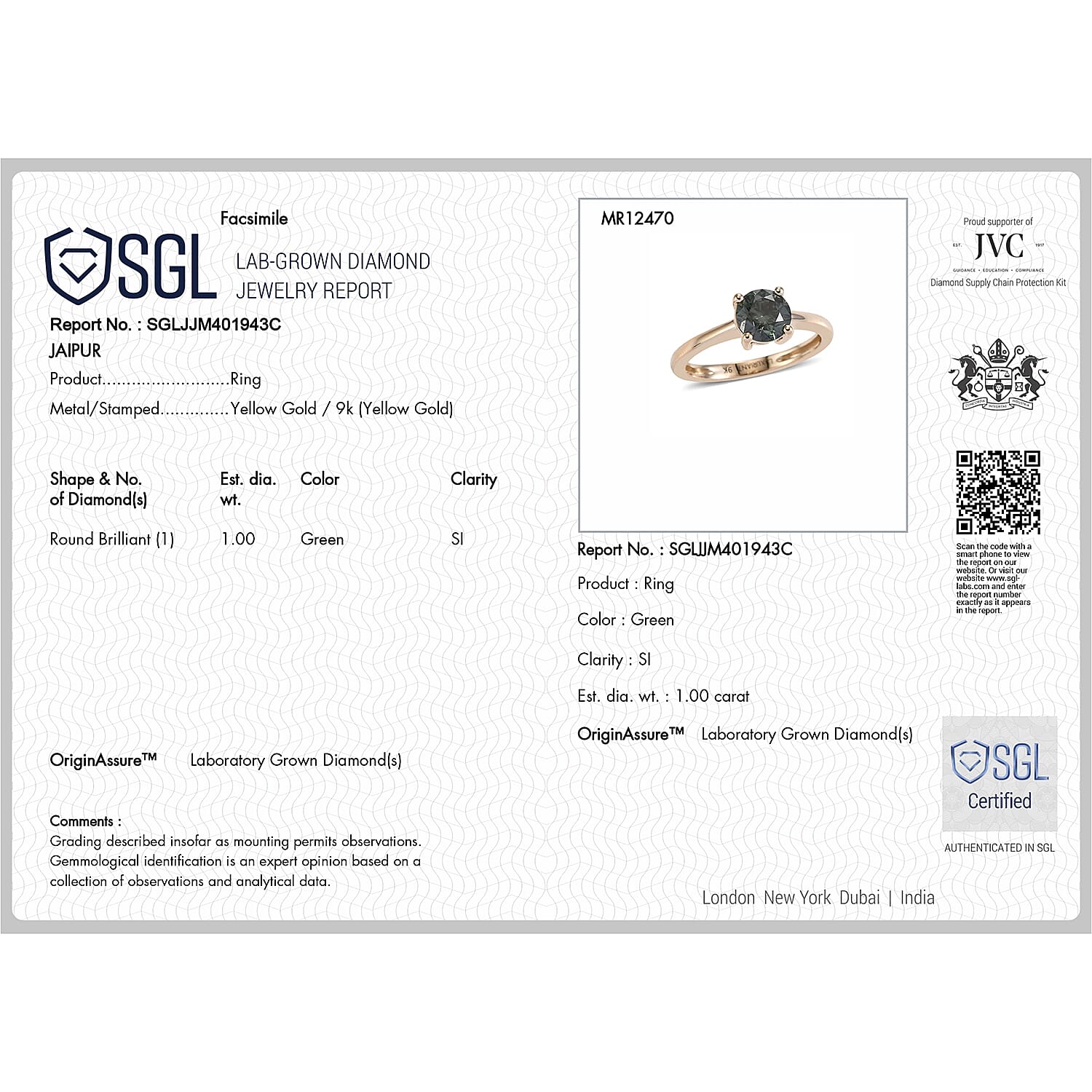 Luxuriant - 9K Yellow Gold SGL Certified Lab Grown Green Diamond (SI) Solitaire Ring 1.00 Ct.