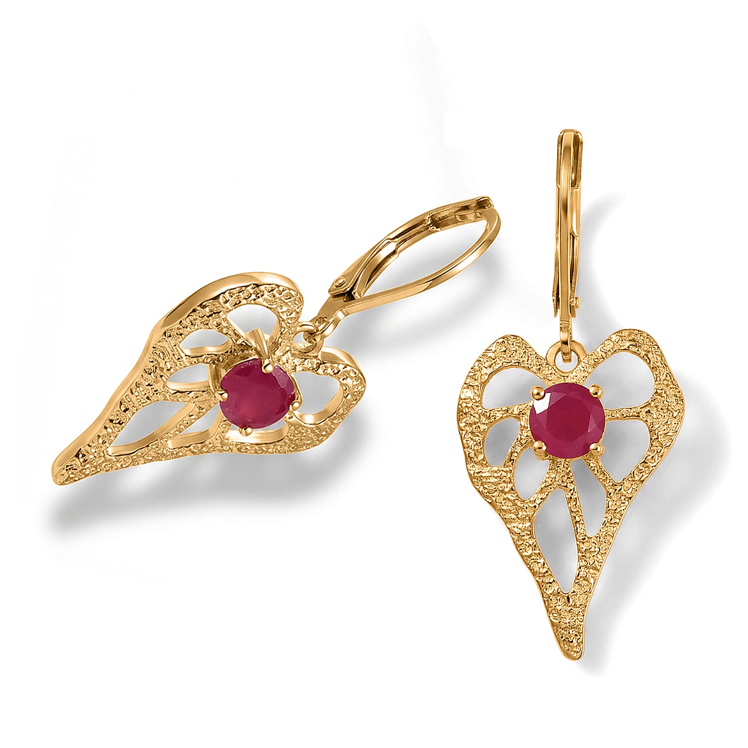 EverTrue - African Ruby Heart Dangle Earring with Lever Back in Yellow Gold Tone 1.50 Ct.