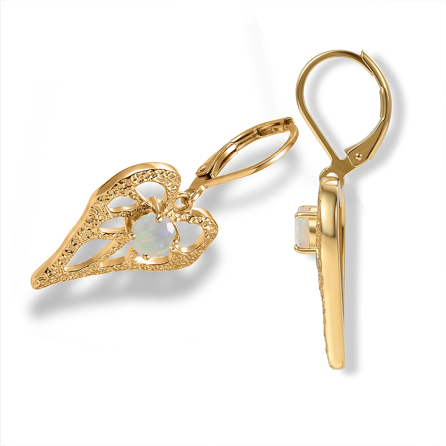 EverTrue - Ethiopian Opal Heart Dangle Earring with Lever Back in Yellow Gold Tone