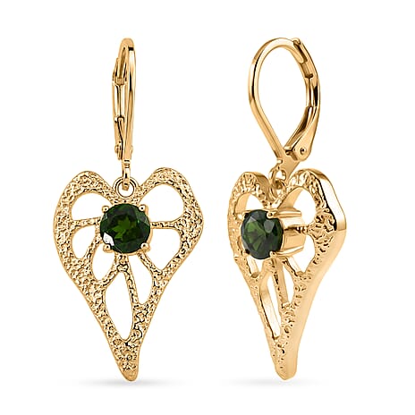 EverTrue - Natural Chrome Diopside Heart Dangle Earring with Lever Back in Yellow Gold Tone 1.10 Ct.