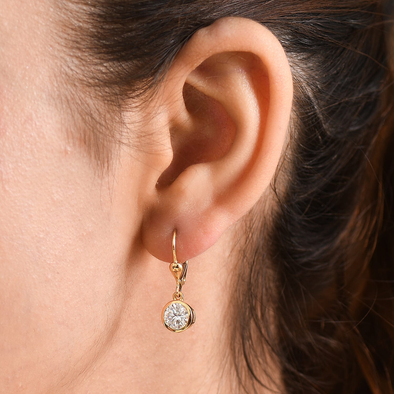 D'Joy Moissanite Solitaire Lever Back Earring in 18K YG VermeilSterling Silver  0.916  Ct.