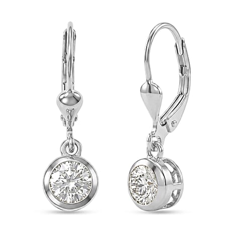 D'Joy Moissanite Solitaire Lever Back Earring in Rhodium OverlaySterling Silver  0.916  Ct.