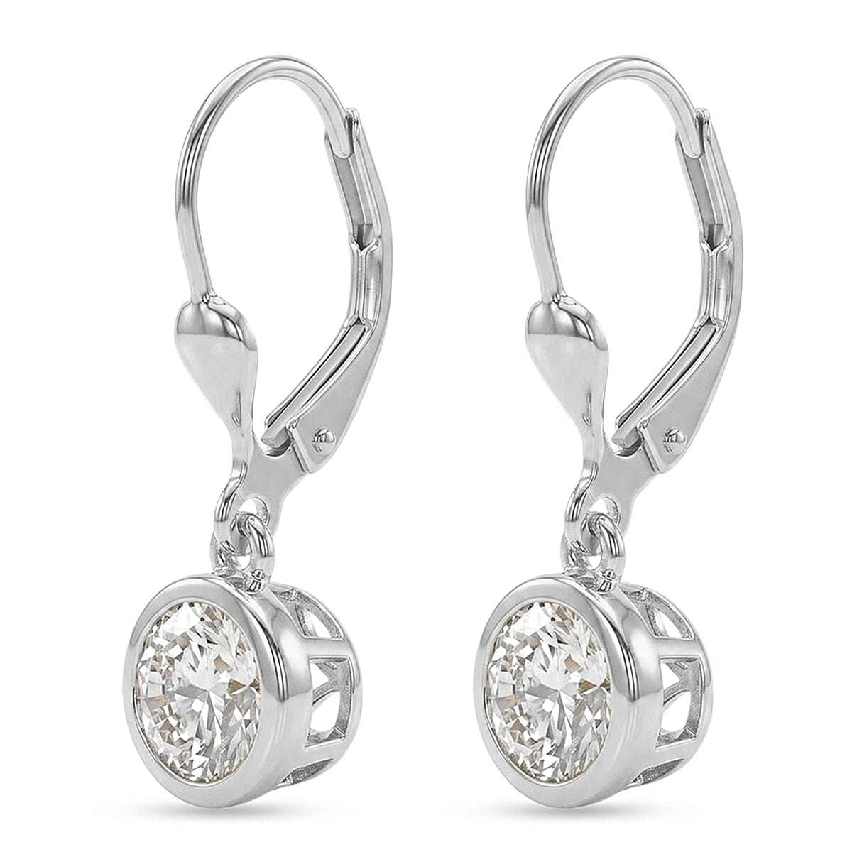 D'Joy Moissanite Solitaire Lever Back Earring in Rhodium OverlaySterling Silver  0.916  Ct.