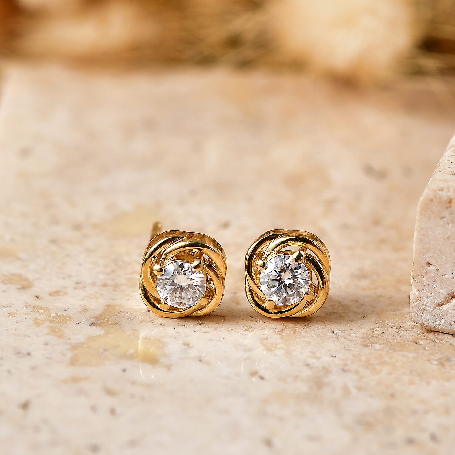 Royal Bali Collection - D'Joy Moissanite Solitaire Stud Push Post Earring in 18K Vermeil Yellow Gold Plated Sterling Silver