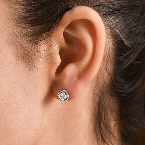 D'Joy Moissanite Solitaire Stud Push Post Earring in Rhodium Overlay Sterling Silver