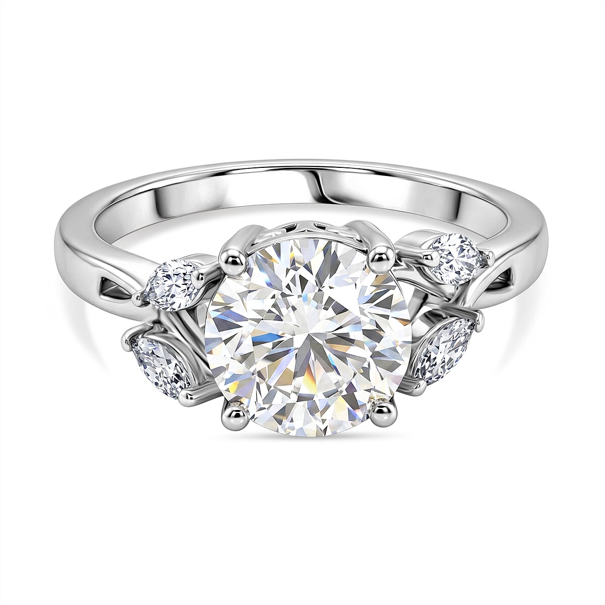 D'Joy Moissanite Main Stone With Side Stone Ring in Rhodium OverlaySterling Silver  2.118  Ct.