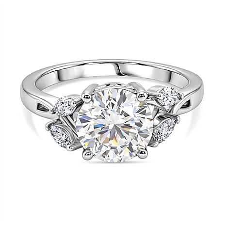 D'Joy Moissanite Main Stone With Side Stone Ring in Rhodium OverlaySterling Silver  2.118  Ct.