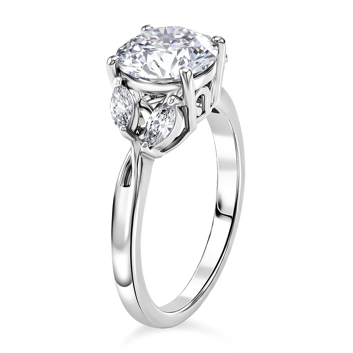 D'Joy Moissanite Main Stone With Side Stone Ring in Rhodium OverlaySterling Silver  2.118  Ct.