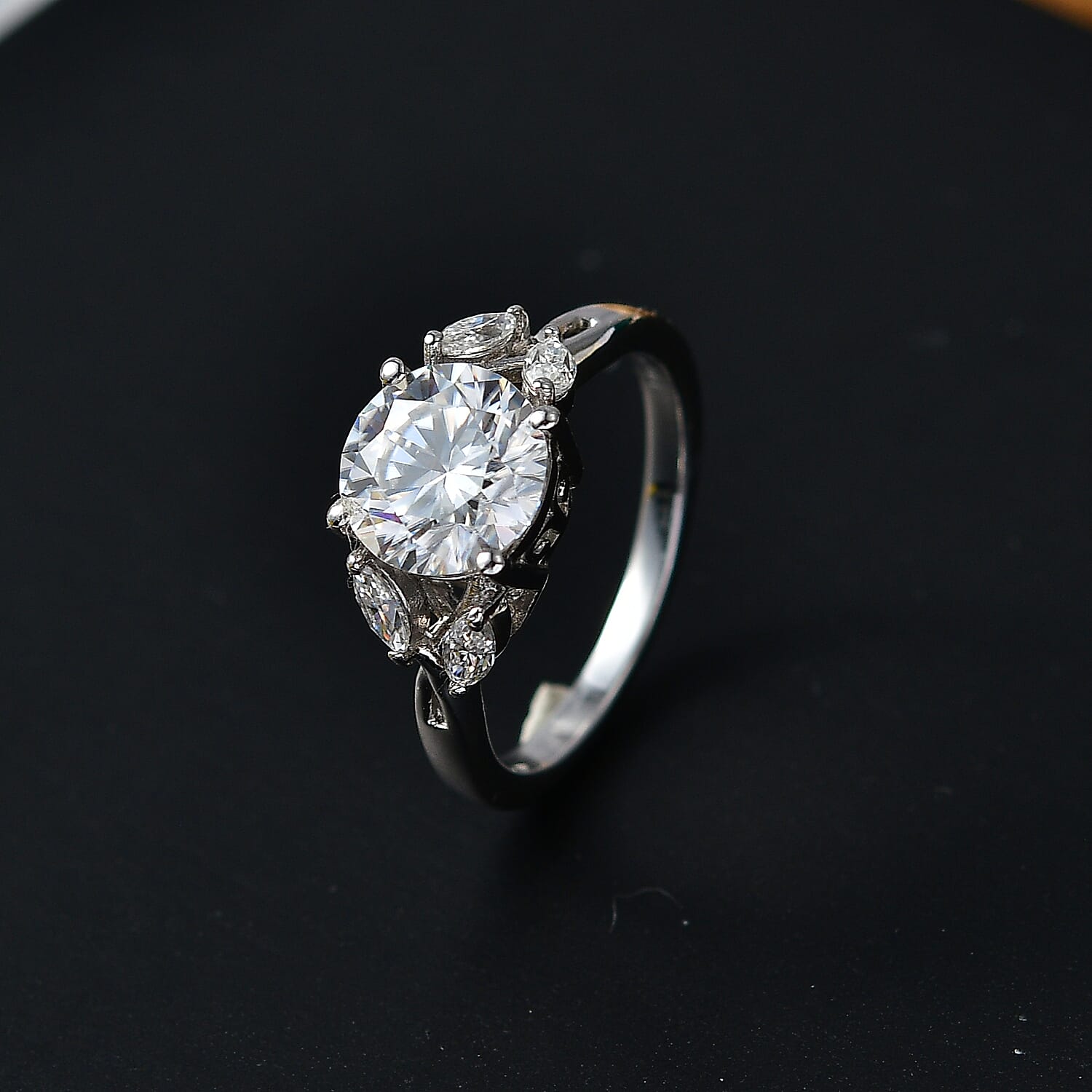 D'Joy Moissanite Main Stone With Side Stone Ring in Rhodium OverlaySterling Silver  2.118  Ct.