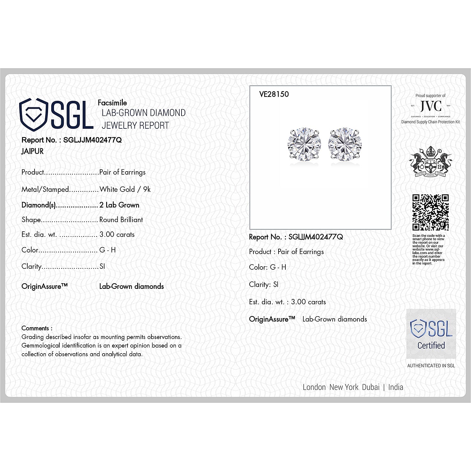 Luxuriant - 9K White Gold SGL Certified Lab Grown Diamond (SI-G-H) Solitaire Stud Push Post Earring 3.10 Ct.