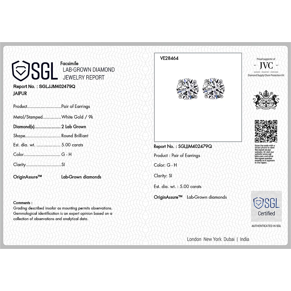 Luxuriant 9K White Gold SI Lab Grown Diamond GH, SI Solitaire Stud Push Post Earring, Gold Wt.1.45 Gms  5.090  Ct.