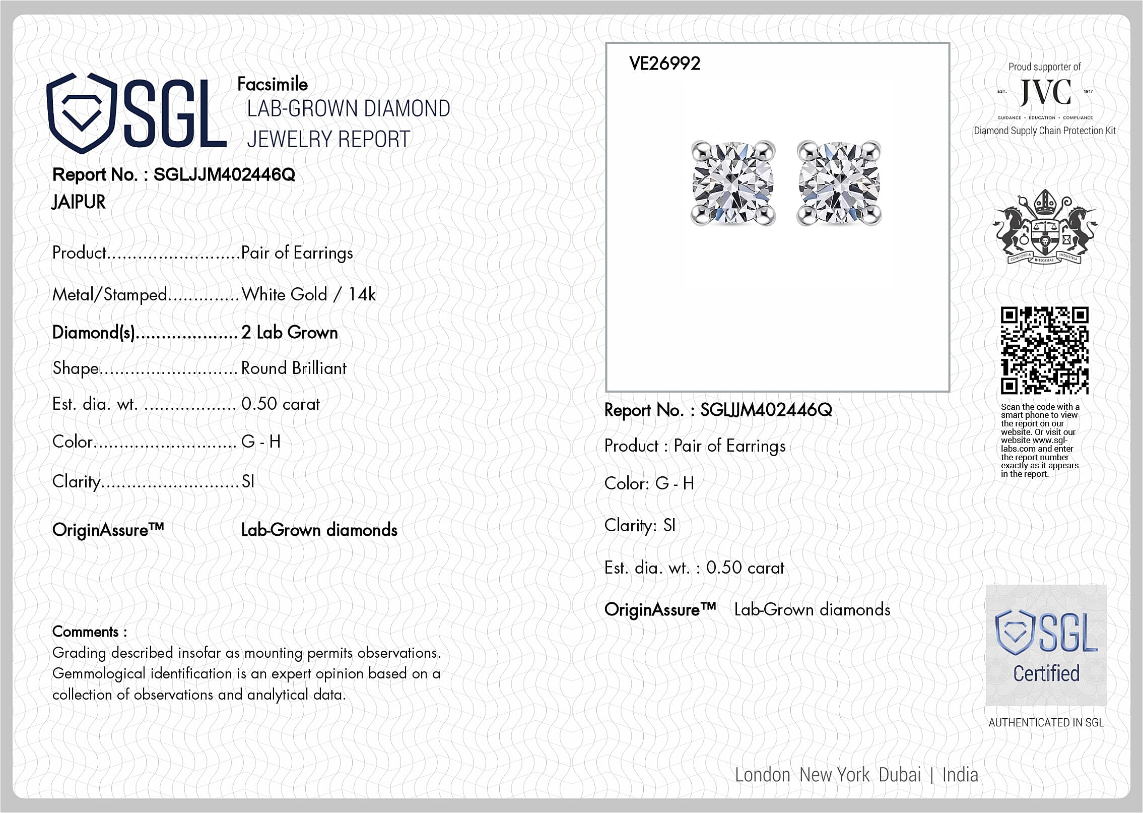 Luxuriant - 14K White Gold SGL Certified Lab Grown Diamond (SI-G-H) Solitaire Stud Push Post Earring 0.50 Ct.