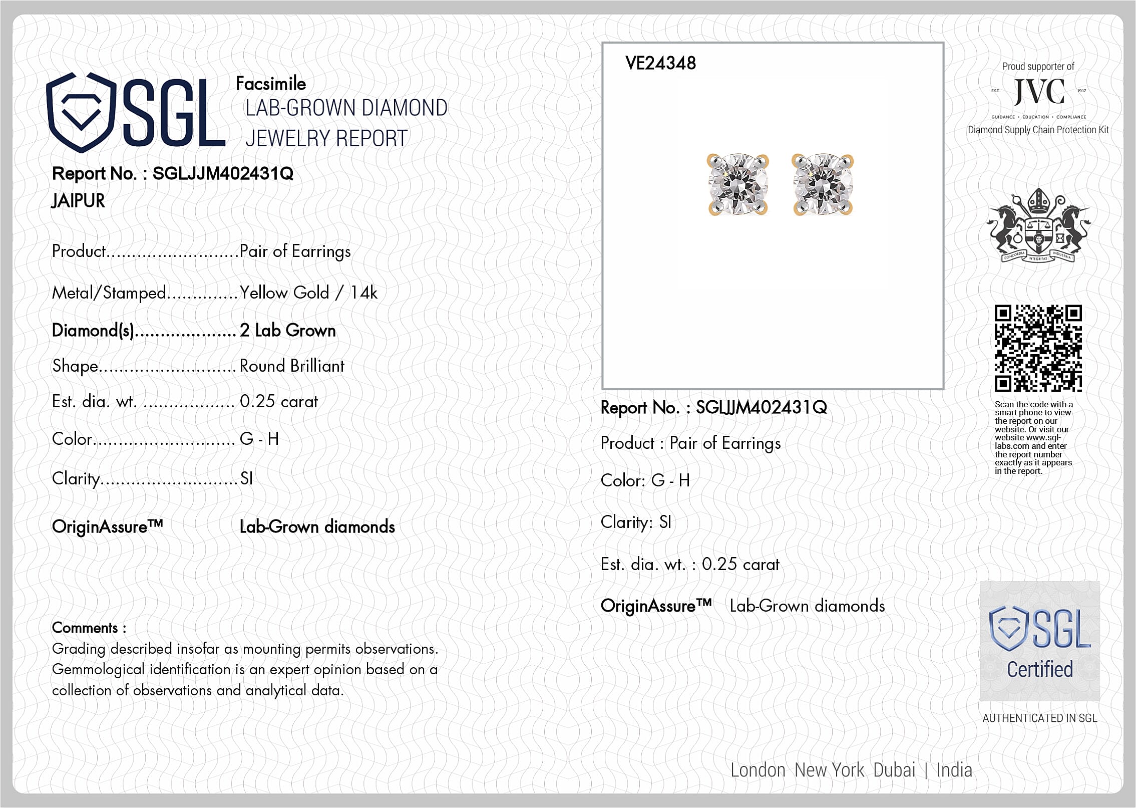 Luxuriant - 14K Yellow Gold SGL Certified Lab Grown Diamond (SI-G-H) Solitaire Stud Push Post Earring 1.00 Ct.