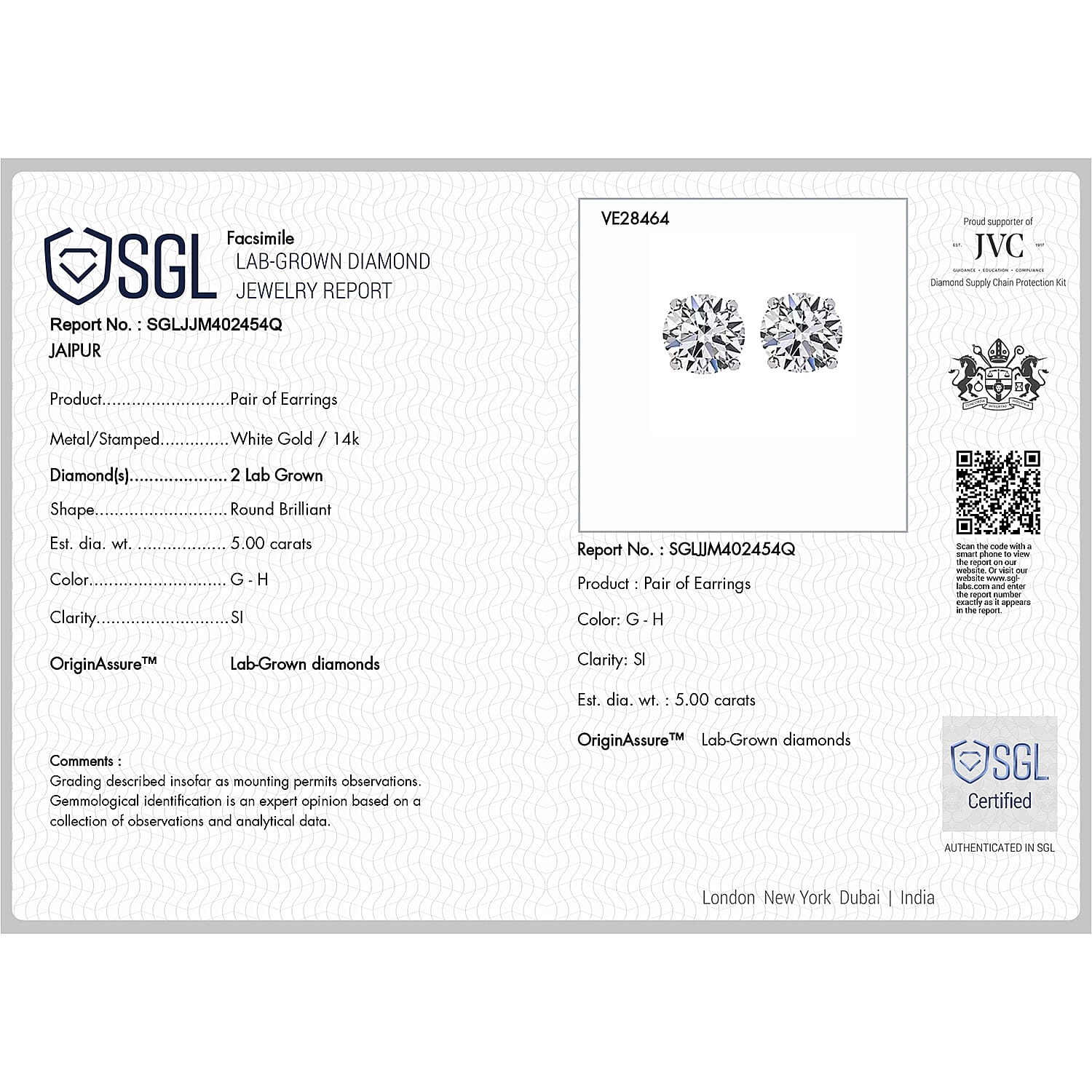 Luxuriant 14K W Gold SI Lab Grown Diamond GH, SI Solitaire Stud Push Post Earring, Gold Wt.1.52 Gms  5.140  Ct.