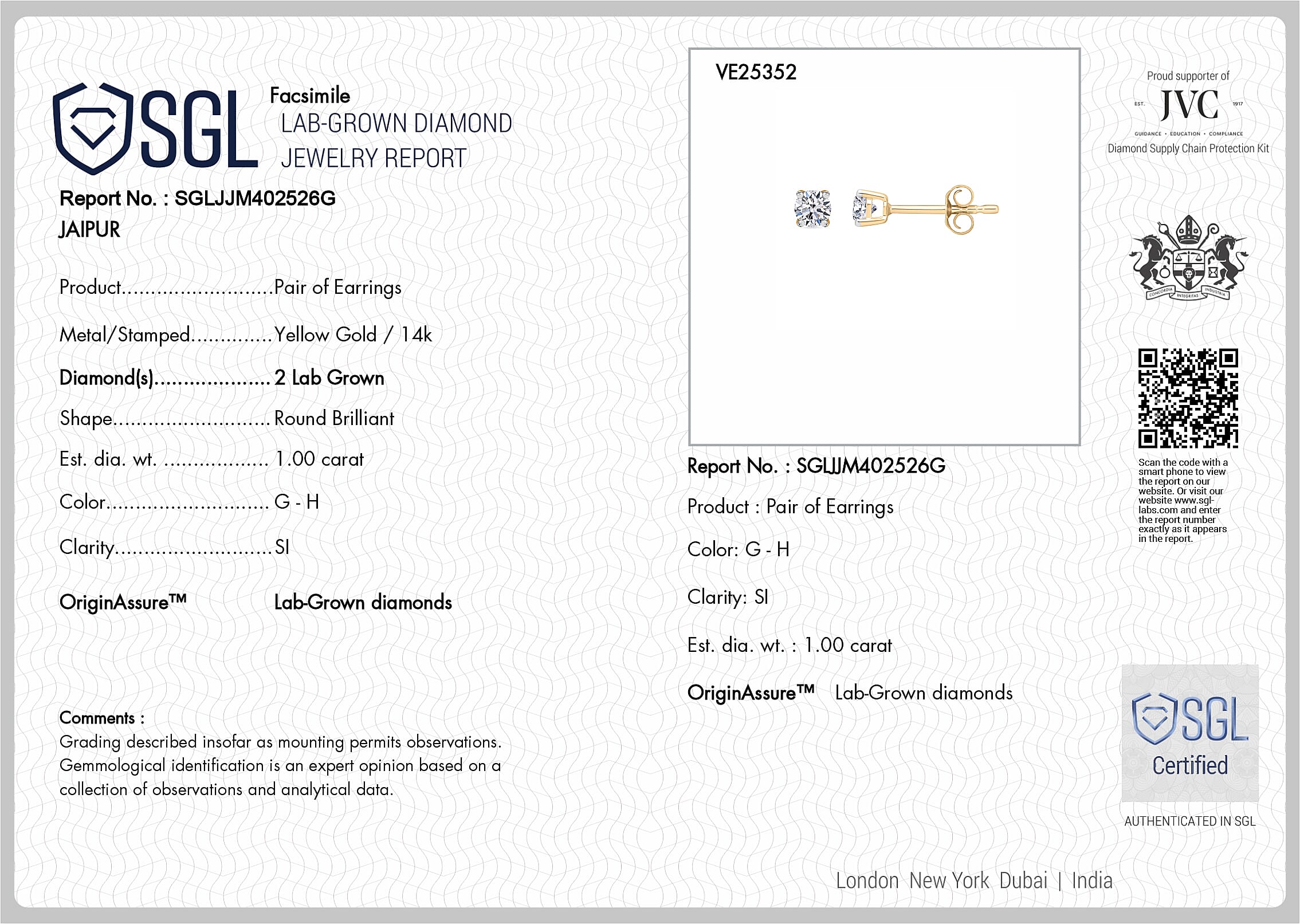 Luxuriant - 14K Yellow Gold SGL Certified Lab Grown Diamond (SI-G-H) Solitaire Stud Push Post Earring 0.25 Ct.