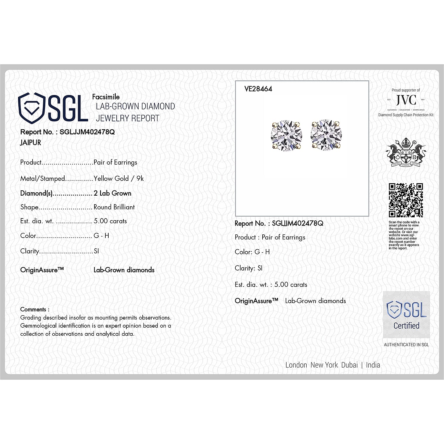 Luxuriant - 9K Yellow Gold SGL Certified Lab Grown Diamond (SI-G-H) Solitaire Stud Push Post Earring 5.10 Ct.