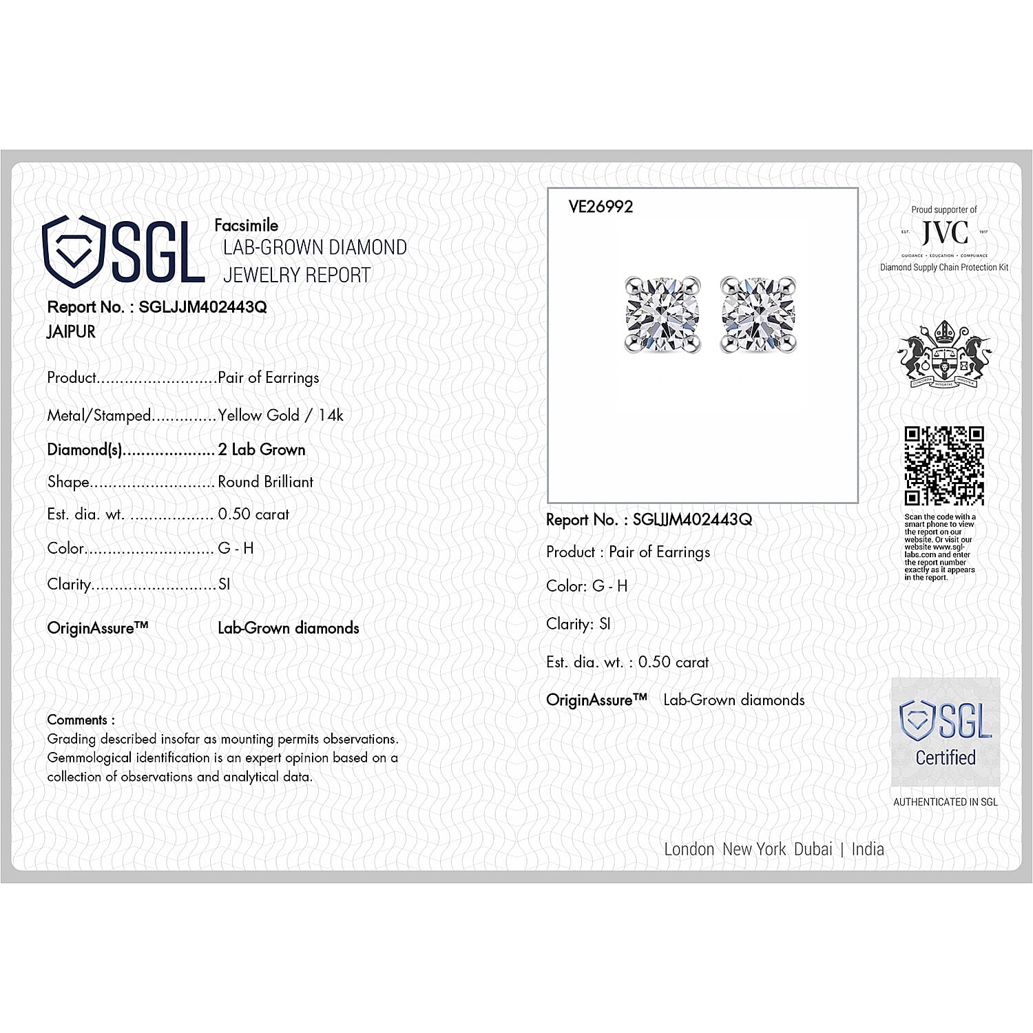 Luxuriant - 14K White Gold SGL Certified Lab Grown Diamond (SI-G-H) Solitaire Stud Push Post Earring 0.50 Ct.