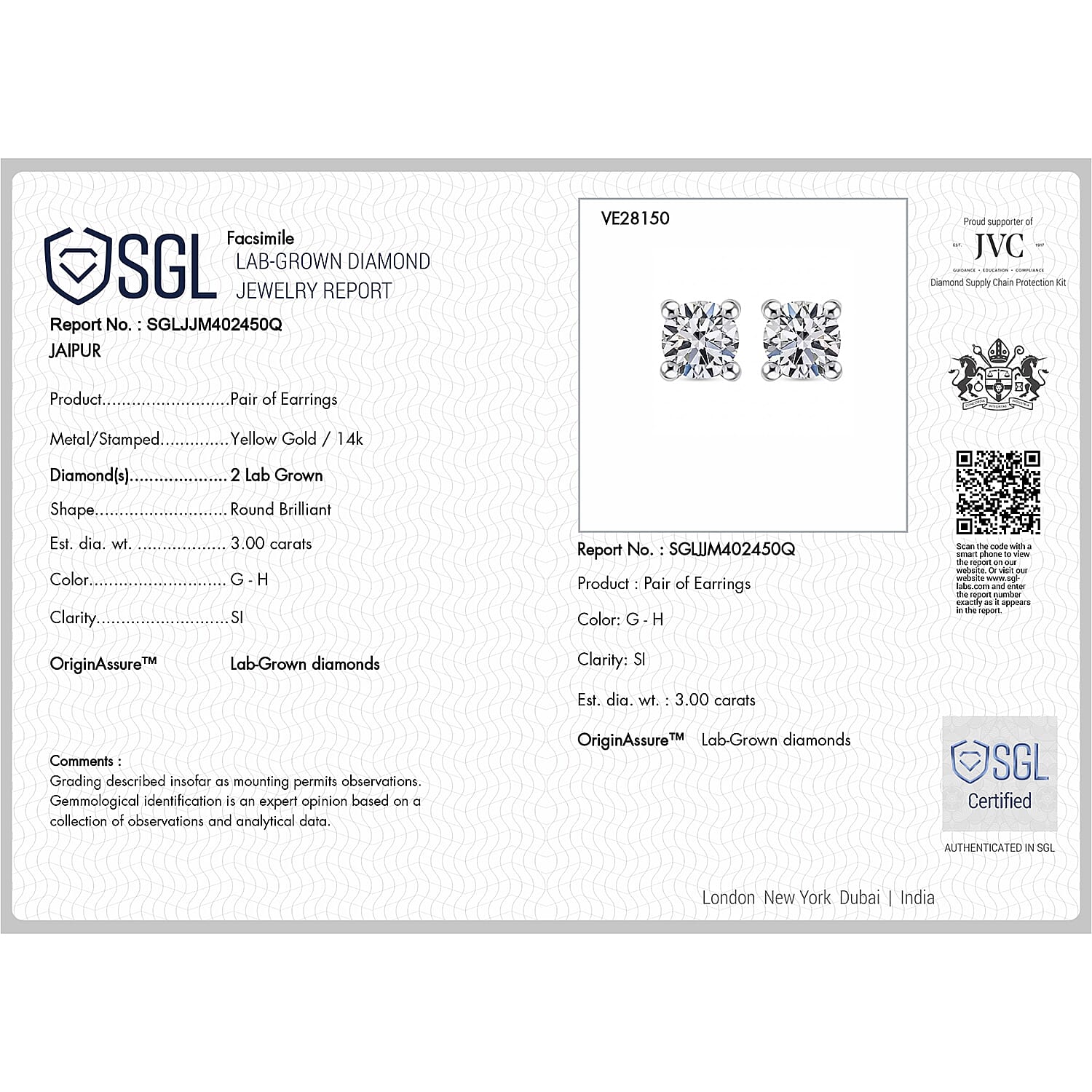 Luxuriant - 14K Yellow Gold SGL Certified Lab Grown Diamond (SI-G-H) Solitaire Stud Push Post Earring 3.10 Ct.