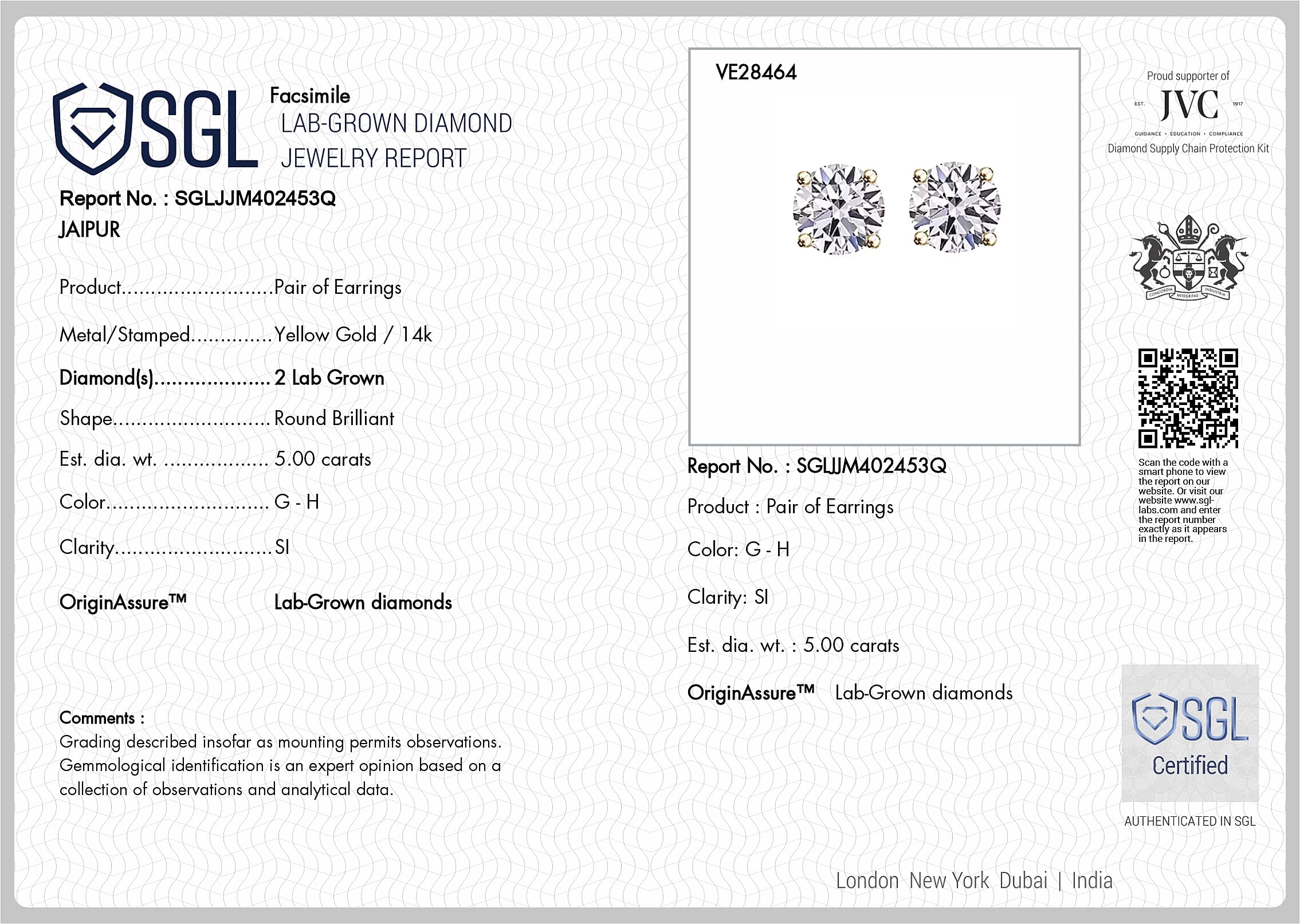 Luxuriant - 14K Yellow Gold SGL Certified Lab Grown Diamond (SI-G-H) Solitaire Stud Push Post Earring 5.10 Ct.