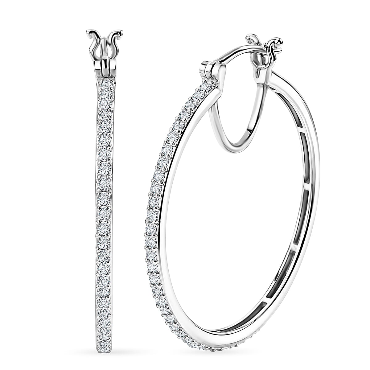 Luxuriant - Lab Grown Diamond (SI-G-H) Large Hoop Earring with Clasp in Rhodium Overlay Sterling Silver 0.75 Ct.