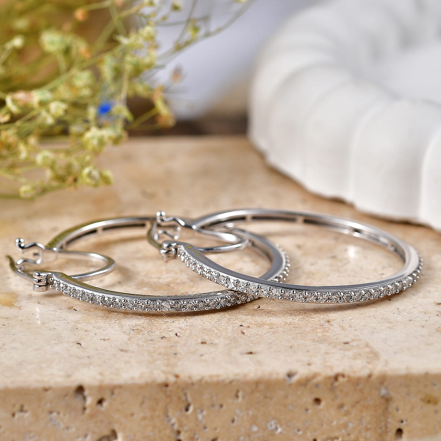 Luxuriant - Lab Grown Diamond (SI-G-H) Large Hoop Earring with Clasp in Rhodium Overlay Sterling Silver 0.75 Ct.