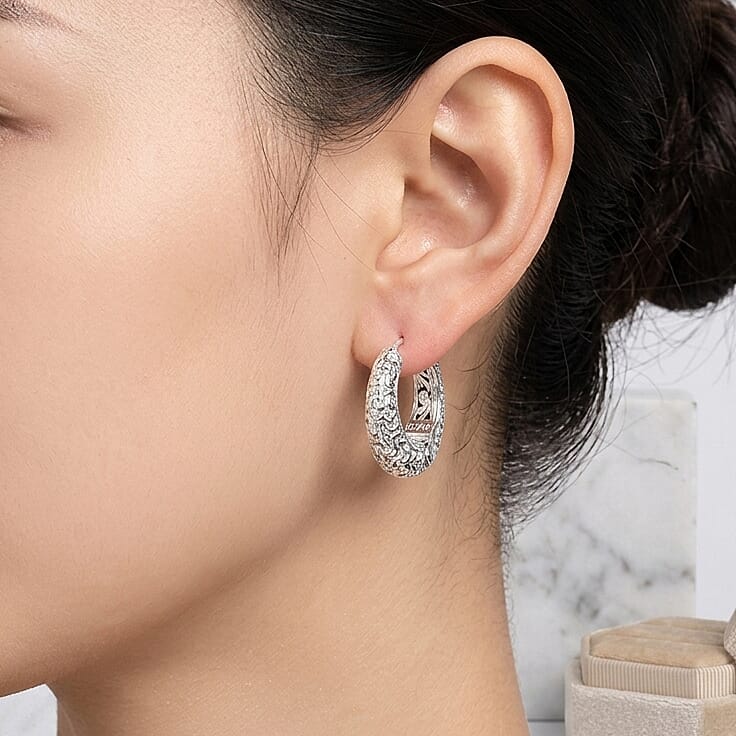Royal Bali Collection - D'Joy Sterling Silver Filigree Hoop Earring, Silver Wt.10.30 Gms