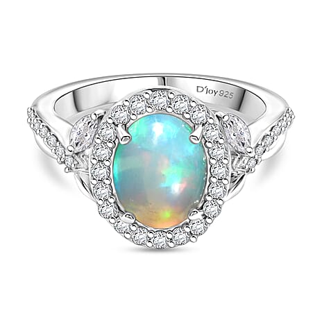 Royal Bali Collection - D'Joy Ethiopian Opal & Moissanite Ring in Rhodium Overlay Sterling Silver 1.50 Ct.