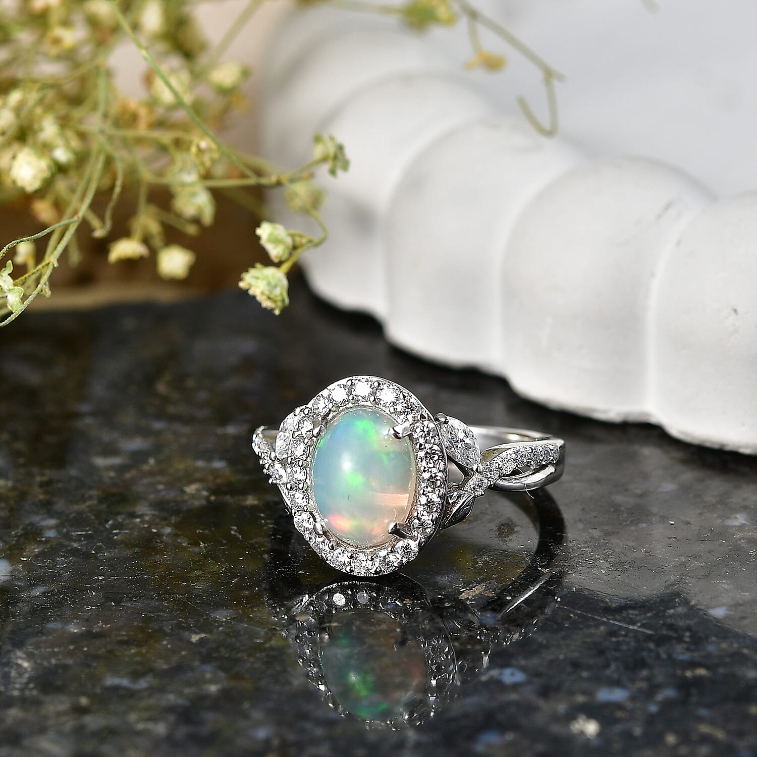 Royal Bali Collection - D'Joy Ethiopian Opal & Moissanite Ring in Rhodium Overlay Sterling Silver 1.50 Ct.