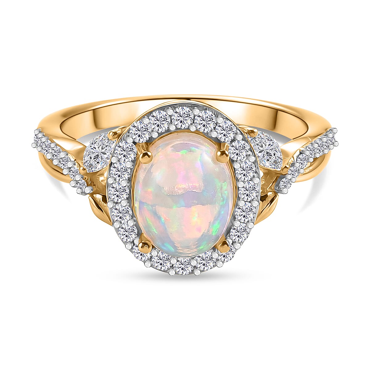 Royal Bali Collection - D'Joy Ethiopian Opal & Moissanite Halo Ring in 18K Vermeil Yellow Gold Plated Sterling Silver 1.50 Ct.