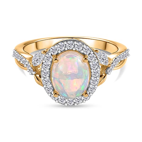 Royal Bali Collection - D'Joy Ethiopian Opal & Moissanite Halo Ring in 18K Vermeil Yellow Gold Plated Sterling Silver 1.50 Ct.