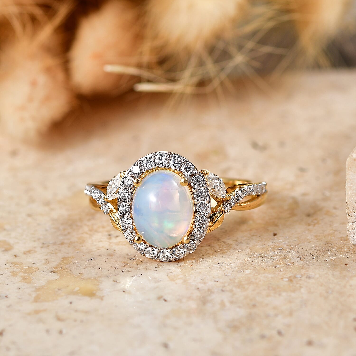Royal Bali Collection - D'Joy Ethiopian Opal & Moissanite Halo Ring in 18K Vermeil Yellow Gold Plated Sterling Silver 1.50 Ct.