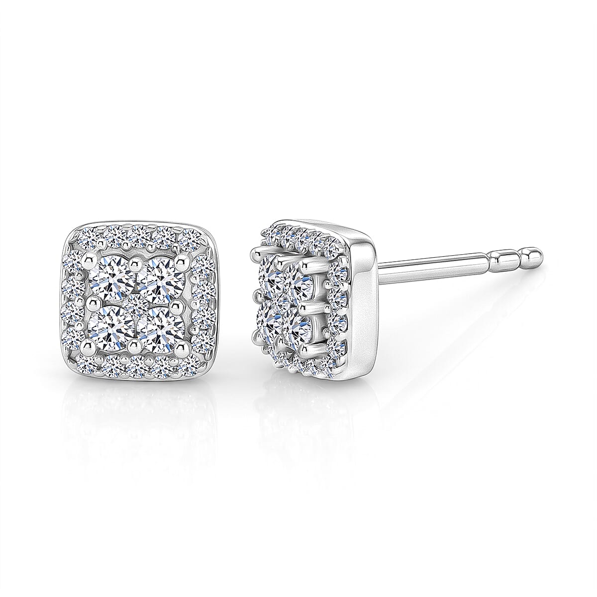 Luxuriant - Lab Grown Diamond Cluster Earring (SI-G-H) with Push Post in Platinum Overlay Sterling Silver 0.25 Ct.