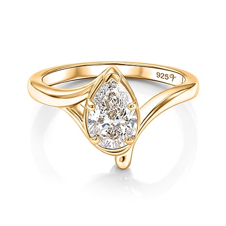 Lucy Q - SGL Certified Lab Grown Diamond (SI-G-H) Drop Solitaire Ring in 18K Vermeil Yellow Gold Plated Sterling Silver 1.00 Ct.