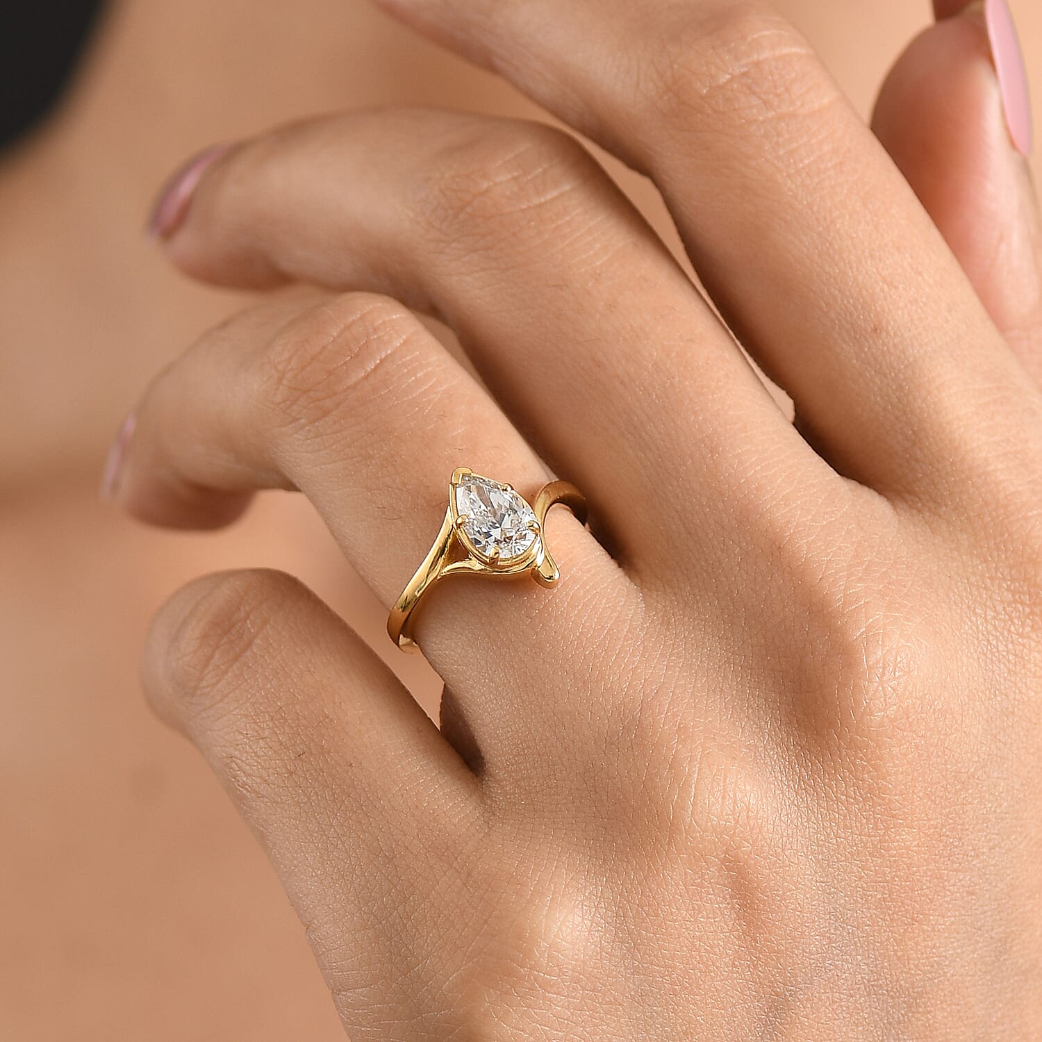 Lucy Q - SGL Certified Lab Grown Diamond (SI-G-H) Drop Solitaire Ring in 18K Vermeil Yellow Gold Plated Sterling Silver 1.00 Ct.