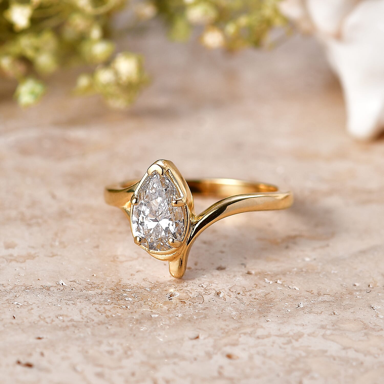 Lucy Q - SGL Certified Lab Grown Diamond (SI-G-H) Drop Solitaire Ring in 18K Vermeil Yellow Gold Plated Sterling Silver 1.00 Ct.