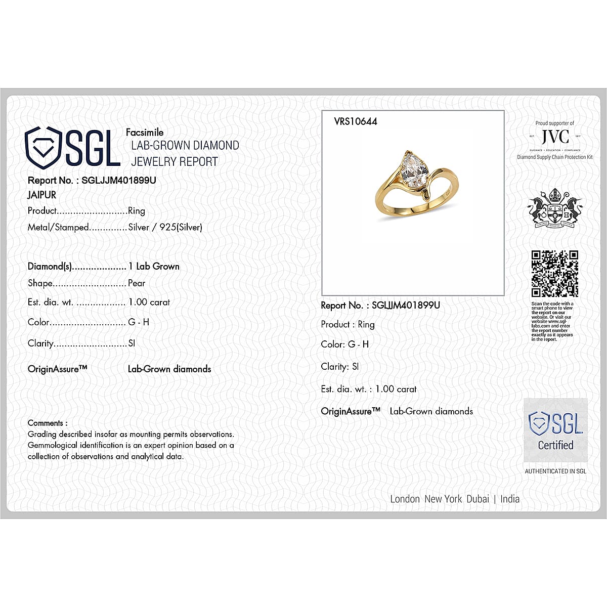 Lucy Q - SGL Certified Lab Grown Diamond (SI-G-H) Drop Solitaire Ring in 18K Vermeil Yellow Gold Plated Sterling Silver 1.00 Ct.